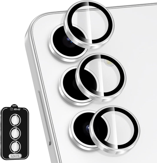 for Samsung Galaxy S24 FE Camera Lens Protector, Individual Metal Ring Tempered Glass Lens Cover, [Strong Adsorption] Scratch Resistant Ultra-Thin HD Clear Lens Cover, 1 Set-Slivery Ring