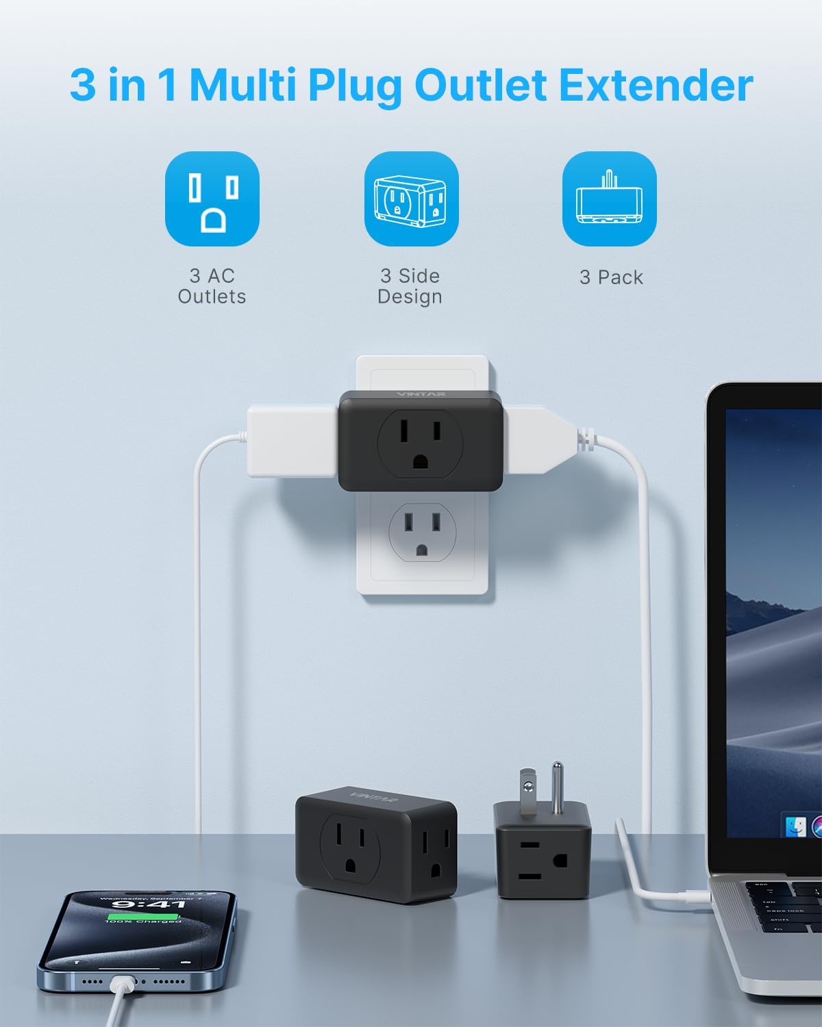 VINTAR 3 Pack Multi Plug Outlet Extender, Adapter, Splitter, Black, Type A, 125V, 15A, ETL Certified