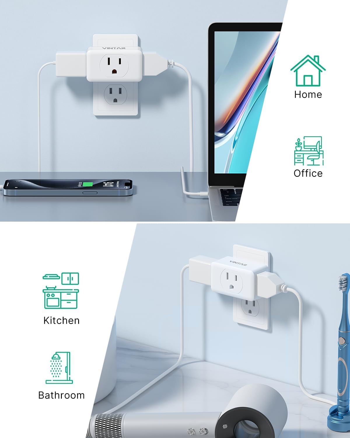 Multi Plug Outlet Extender, VINTAR 3 Outlet Adapter, Multiple Outlet Splitter, Grounded Wall Tap Adapter, Power Plug Expander for Travel Home Office Dorm, 3 Pack