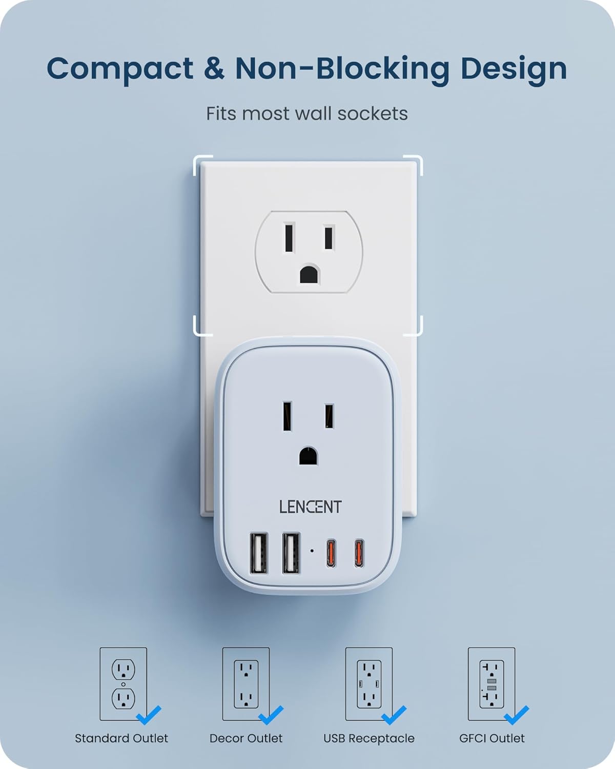 LENCENT Multi Plug Outlet Extender with USB C, 4 AC Electrical Outlet Expander with 4 USB Charger Cube, Small Multiple Wall Tap Plug Splitter for Home Office Travel Cruise Dorm Essentials- Blue