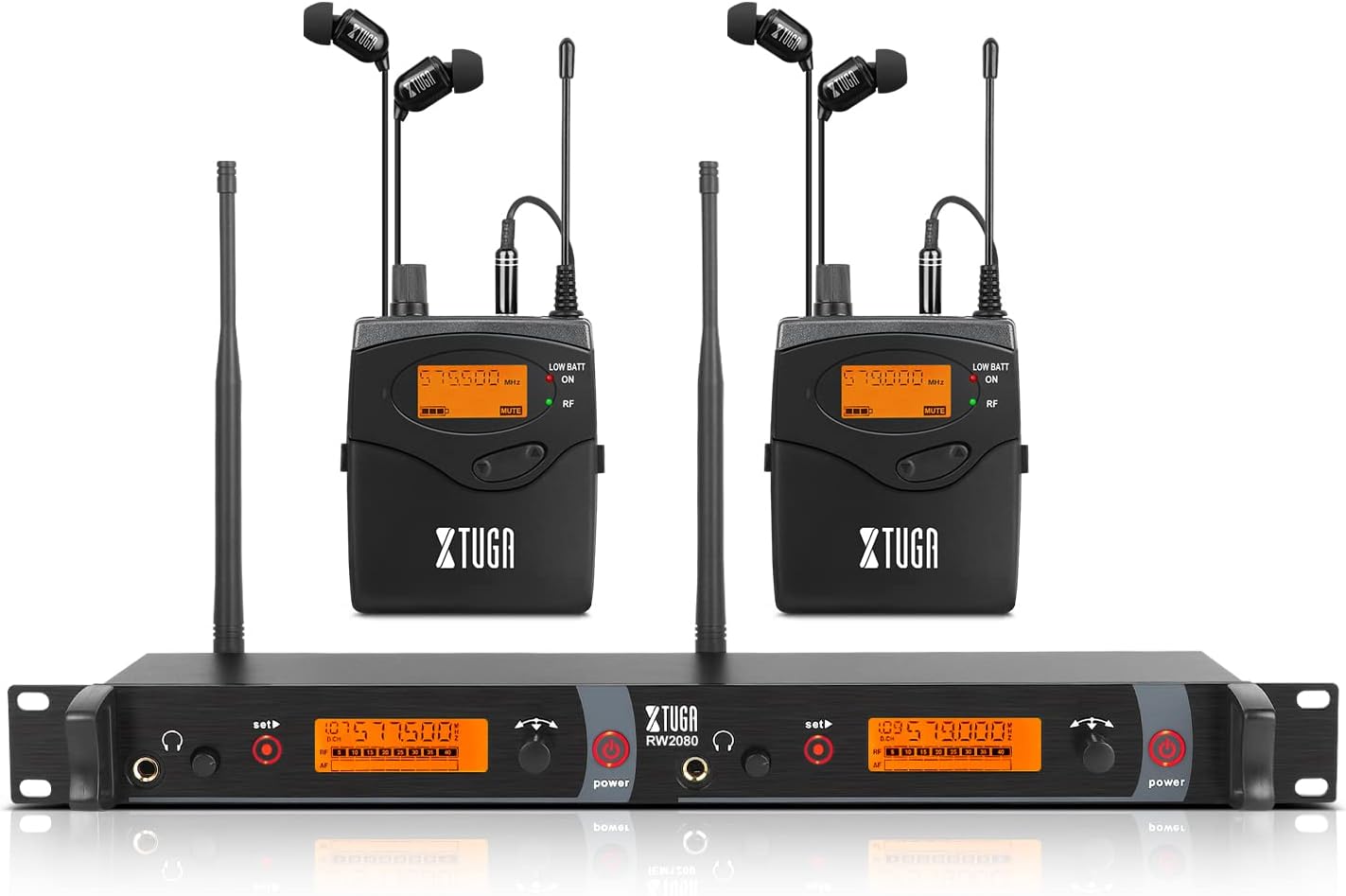 XTUGA RW2080 Wireless in Ear Monitor System Mono with 2 Bodypacks, Dual Channel Design IEM UHF System Stage Monitors Earphone 300Ft Range, 40 Frequencies for Band, Studio, Musicians, 902-928mhz