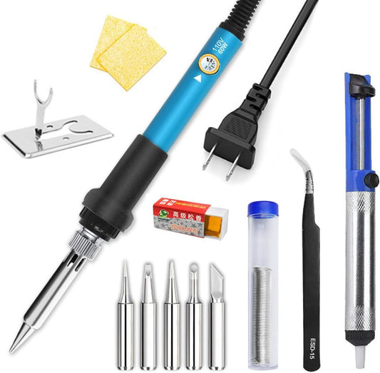 Soldering Iron Kit, 60W Soldering Iron with Interchangeable Iron Tips, Stand, Solder Tube, Welding Wire, 12-in-1 Adjustable Temperature Soldering Gun Welding Iron Kit for any Hobby Enthusiast 110V