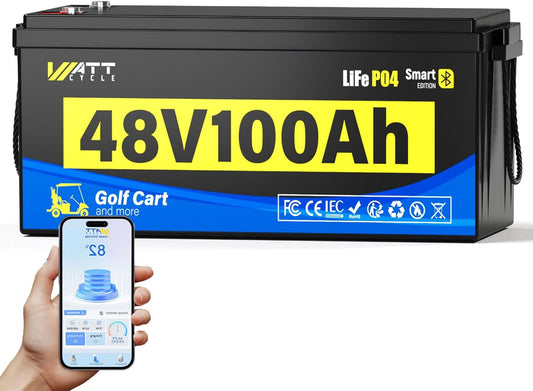48 Volt Golf Cart Batterys 200A BMS, 48V 100Ah LiFePO4 Lithium Battery with Bluetooth & LCD Display, 15000 deep Cycles, Range of 60 Miles 600A Peak Current for Golf Cart Marine RV
