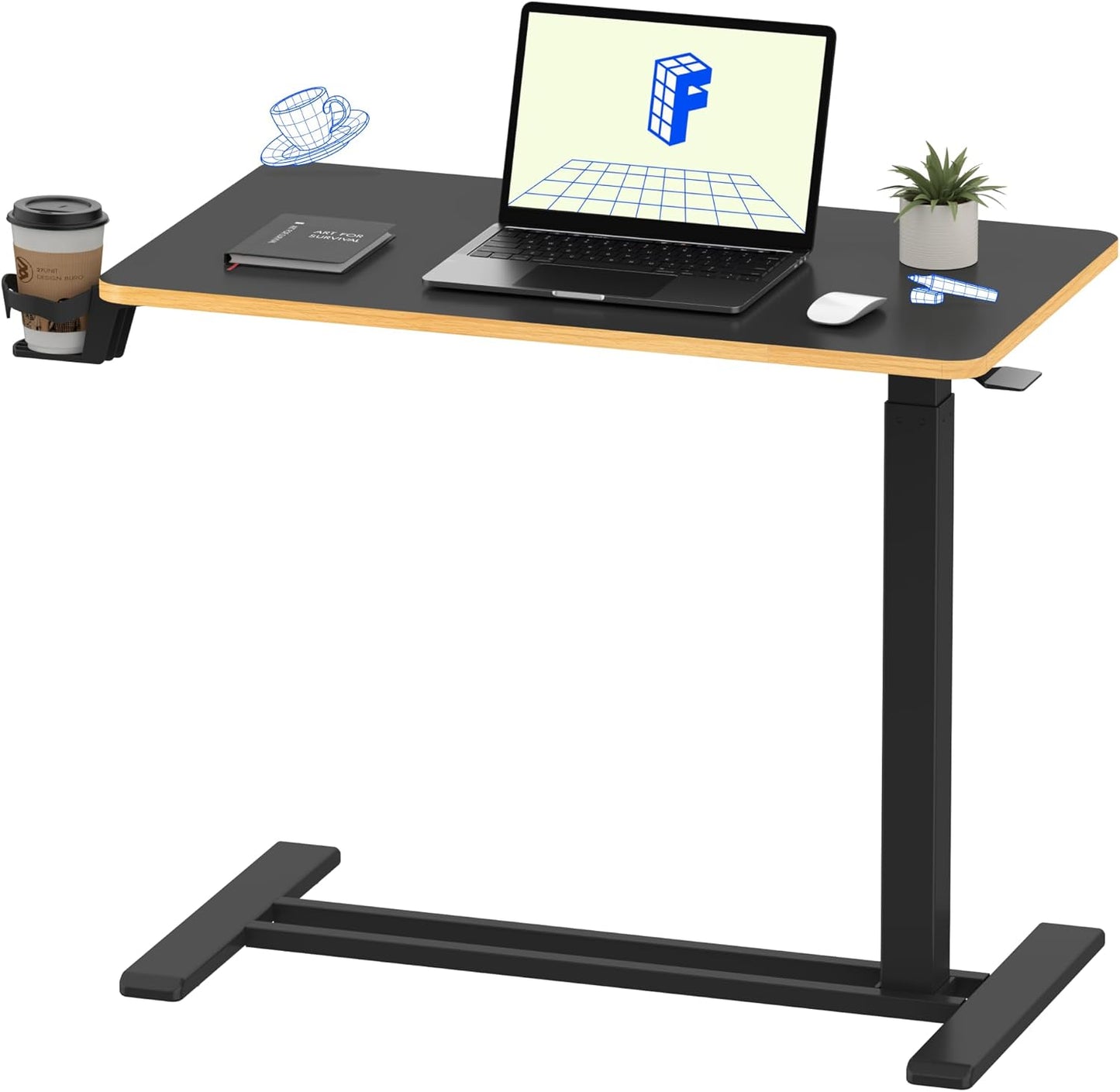 FLEXISPOT Mobile Standing Desk with Wheels Pneumatic Laptop Desk Rolling Computer Cart Movable Height Adjustable Small Sit Stand Desk Computer Workstations Home Use（31.5" W x 17.7" D, Black+Maple
