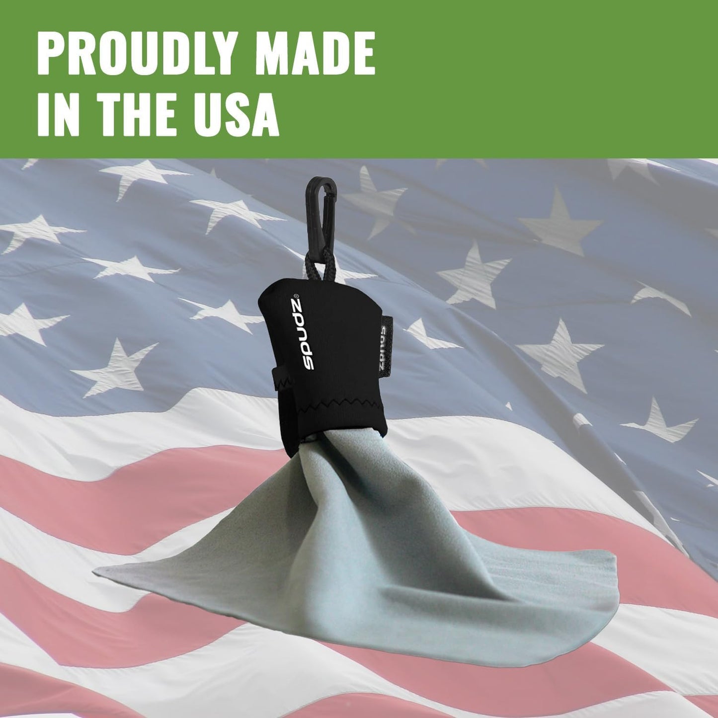 SPUDZ Ultra Microfiber Lens Cleaner – Closable Pouch, Clip-On, Washable – for Optics, Scopes, Glasses | USA Flag, 6 x 6 Inch