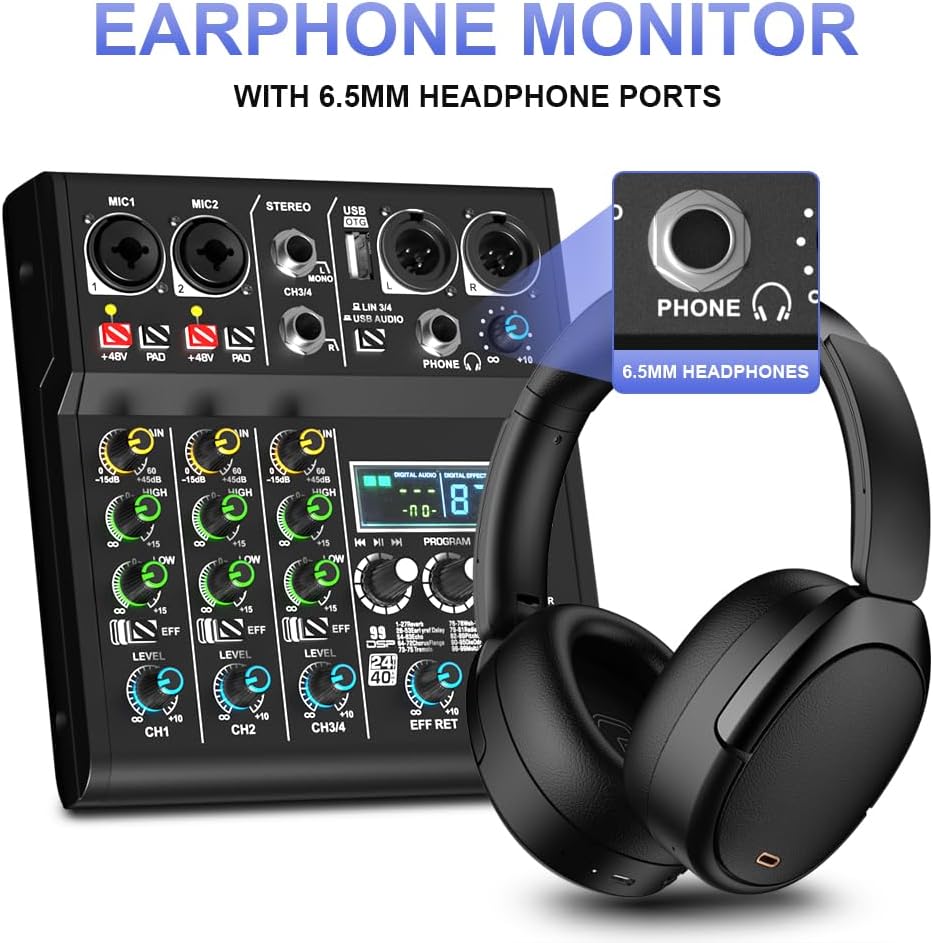 mw-4 black 4Channel Audio Mixer with 99 Sound Effects for PC,Portable Sound Mixing Console with BT USB Recording Input for Live Streaming,Podcasting