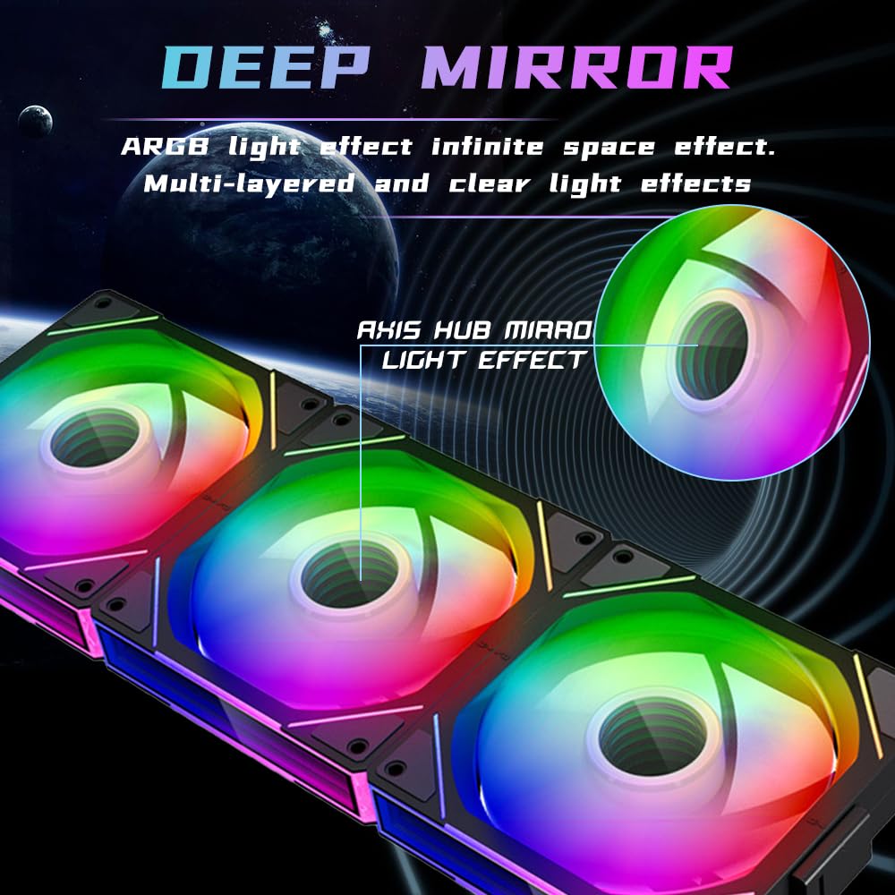 Jungle Leopard Interstellar V1 120mm PC Reverse Blade Case Fan, Infinity Mirror Module Daisy-Chain 5V ARGB PWM PC Fan Triple Pack Suitable for Computer Case & CPU Cooling(Black-3 Pack)