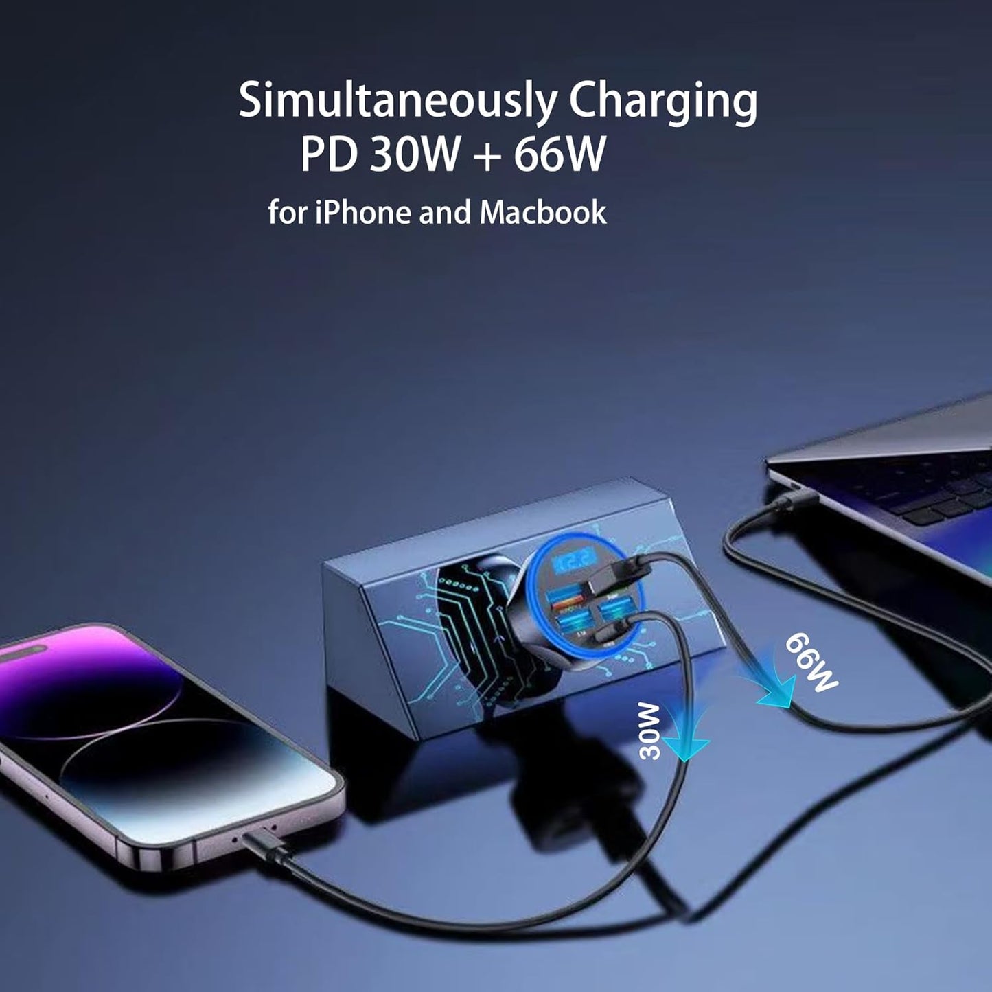 Multi Port USB C Car Phone Charger with Voltage Display Real PD 30W Super Fast Cigarette Lighter USB-C Charger Adapter for MacBook iPhone 16/15/14/13/12 Galaxy Android Phones