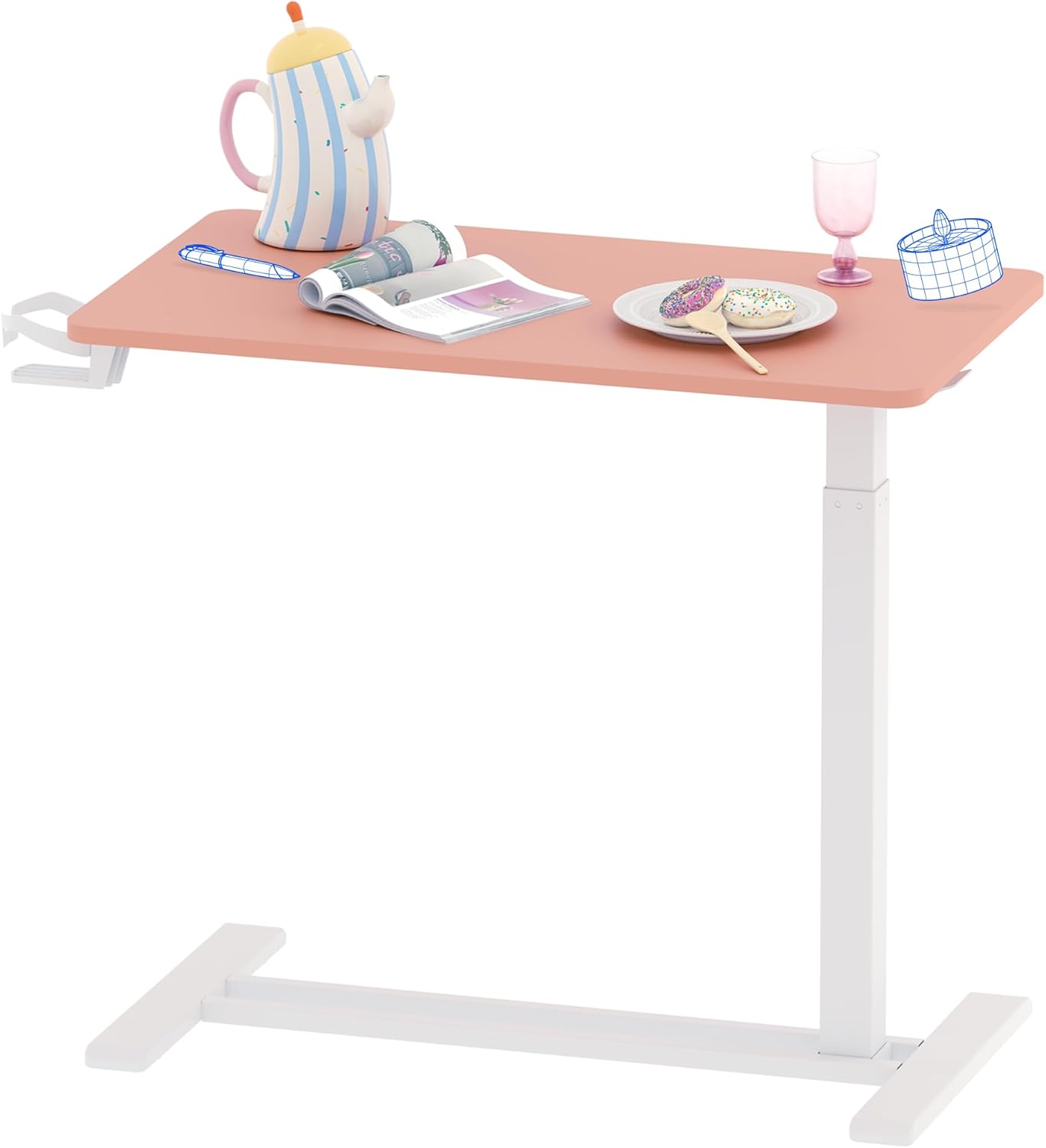 FLEXISPOT H7 Adjustable Overbed Bedside Table with Wheels Pneumatic Mobile Standing Desk Laptop Desk Rolling Computer Cart Movable Overbed Table Hospital Home Use(31.5" W x 17.7" D, Pink)