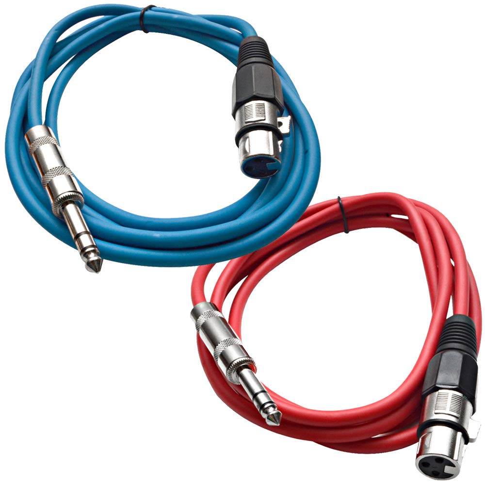 Seismic Audio - SATRXL-F6-2 Pack of 6 Foot 1/4 Inch TRS to XLR Female Patch Cables - Balanced - 6 Foot Patch Cord - Blue and Red