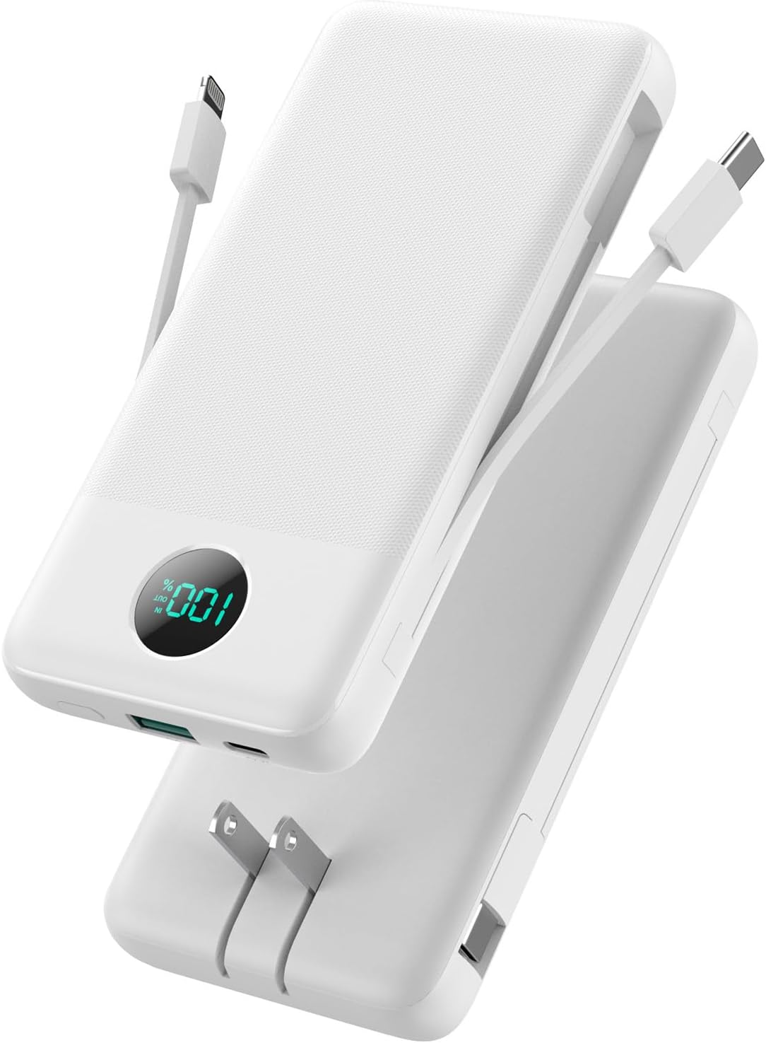 Portable Charger with Built-in Cables and AC Wall Plug 13800mAh,LCD Display Slim PD Fast USB C Power Bank,4 Outputs Travel Essentials Battery Pack Compatible with iPhone,Samsung,All Smart Phones-White