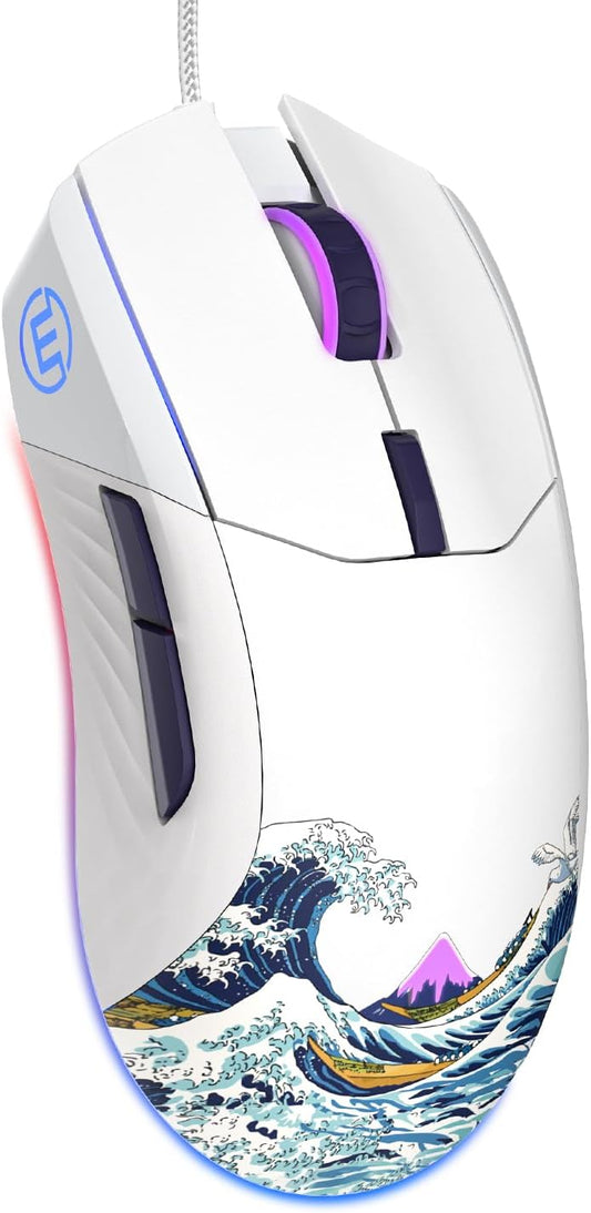 COSTOM Womier G705 USB Wired Gaming Mouse for PC Computer Windows Mac Laptop, Lightweight Silent RGB Backlit Mouse with Adjustable 12000DPI/7 Programmable Side Buttons,White Kanagawa Theme