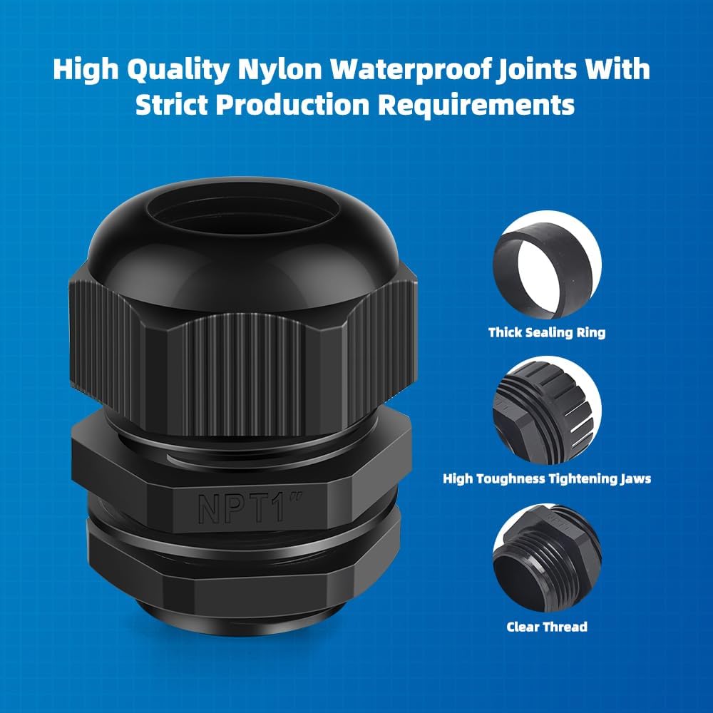 Cable Gland 2 Pack 1" NPT Waterproof Adjustable Connector Strain Relief Cord Connectors Joints Nylon with Gaskets…