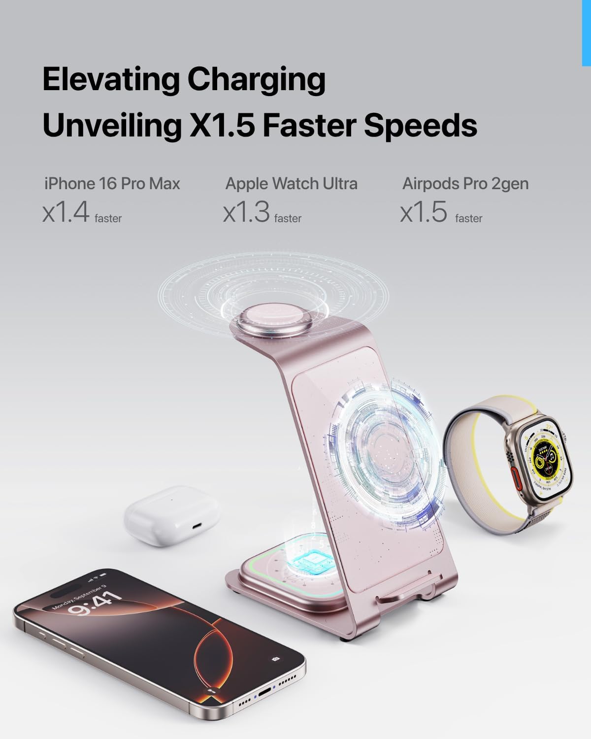 Intoval 3 in 1 Wireless Charging Station for iPhone 16 15 14 13 12 11 X Pro Max, Wireless Charger for Apple Watch 10 Ultra 3 SE 9 8 7 6 5 4 3 2, for AirPods 4 Pro Pro 2 3 (Y93, Pink)