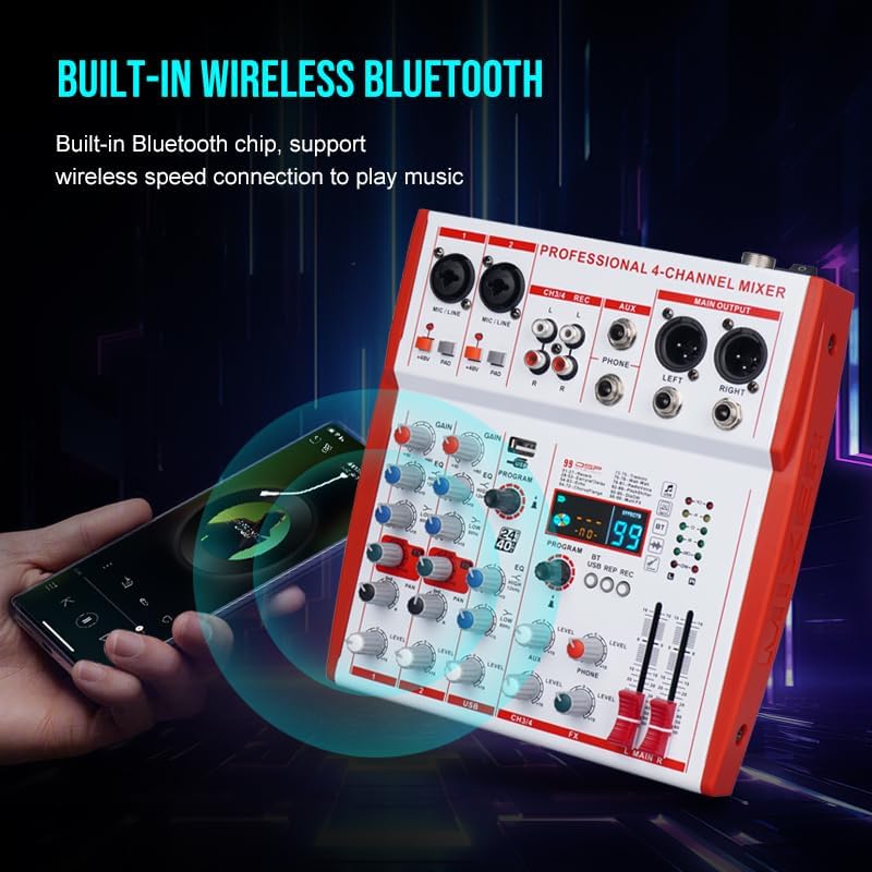 mw-4 white 4Channel Audio Mixer with 99 Sound Effects for PC,Portable Sound Mixing Console with BT USB Recording Input for Live Streaming,Podcasting