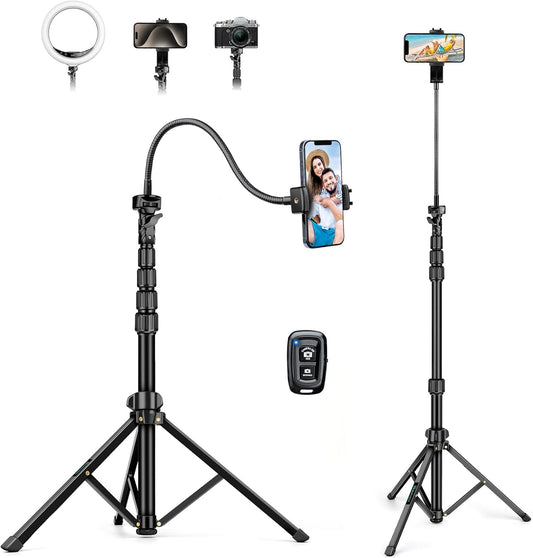 82" Tripod for iPhone,Phone Tripod Compatible with Smartphone/Camera/Gopro,Tall iPhoneTripod with 9.8" Gooseneck and Remote,Cell Phone Tripod Stand for Video Recording Selfies Vlogging