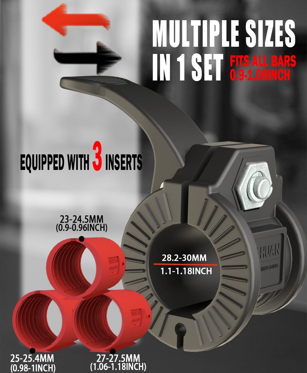 Barbell Clips 1 Inch Quick Release Weight Clamps 0.9-1.18inch Multi-Size Adjustable Olympic Clamps for Bars