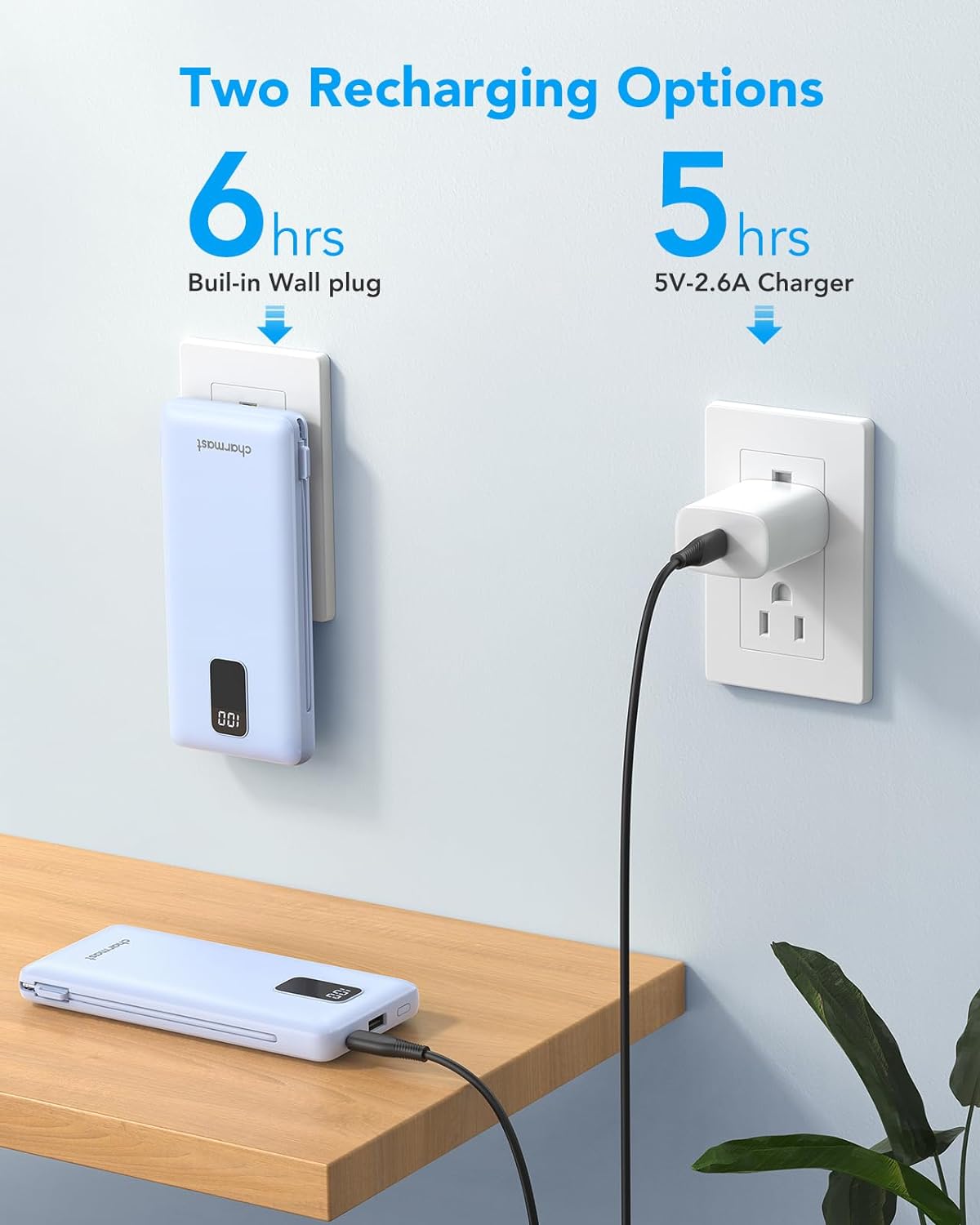 charmast Portable Charger with Built-in Cables & Wall Plug, 10000mAh Portable Power Bank, External Battery Pack Travel Essentials Compatible with iPhone 16/15/14/13, Samsung, iPad etc