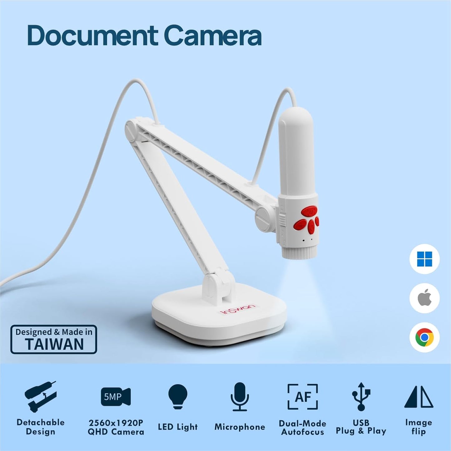 INS-3 Handheld Webcam/USB Document Camera for Classroom, Built-in Mic, Light, Auto Focus, Windows, Mac OS, iPad OS, Chromebook for Close-up Demo, Distance Learning, Web Conferencing, IWBs