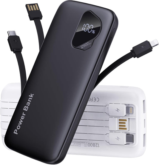 2025 Portable Charger with Built in Cables, 12800mAh Travel Essential Battery Pack, 4 Outputs 2 Inputs Slim Power Bank with Cord Wires Compatible with iPhone,Samsung,Android (2 Pack)