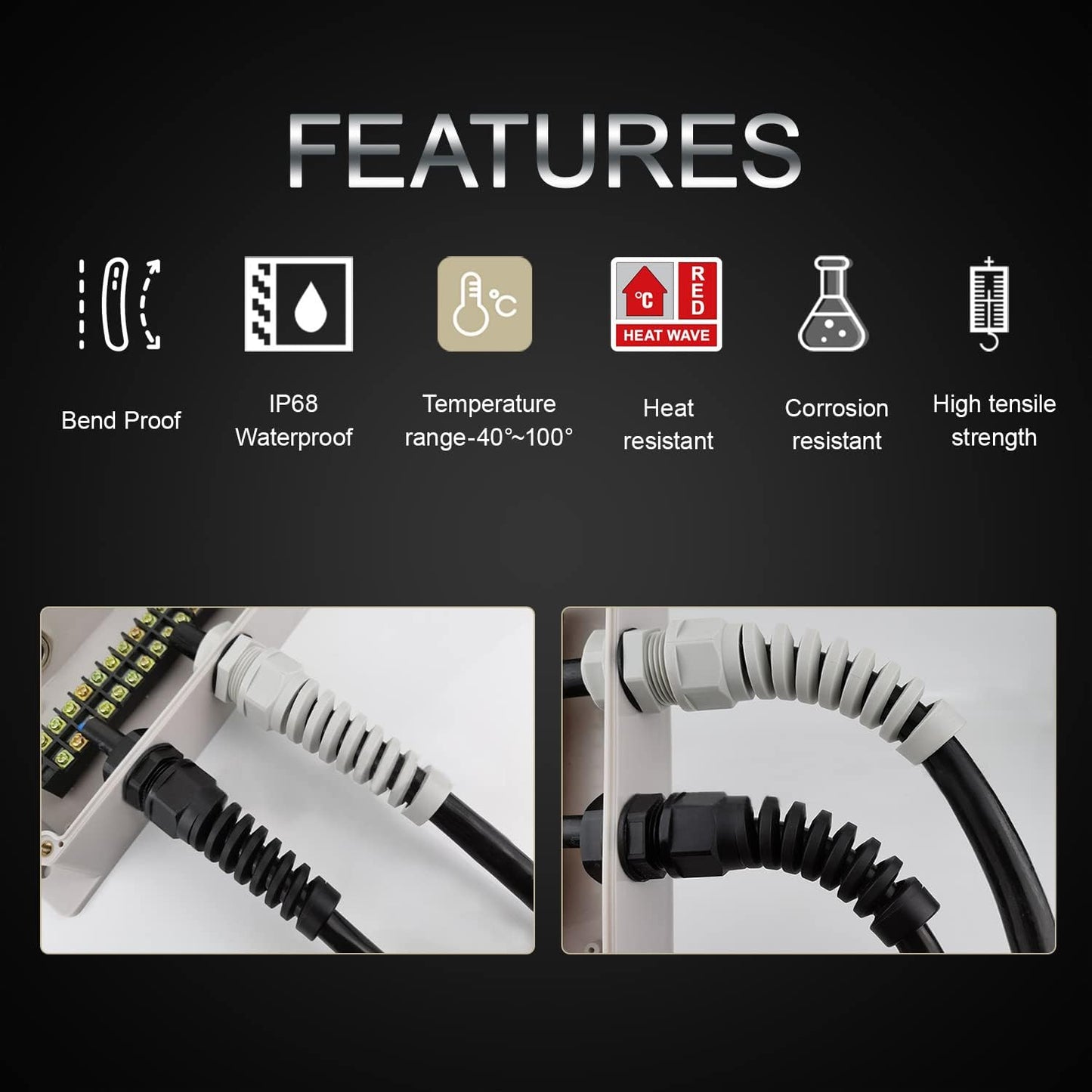 LeMotech 5Pcs NPT 1" IP68 Waterproof Cable Gland Flex Spiral Strain Relief Black Nylon Joint with Gaskets for 18-25mm Wire Thread