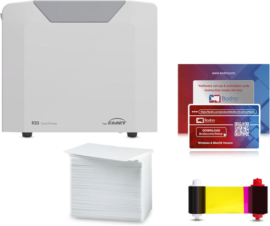 Bodno Seaory S25 Single Sided ID Card Printer & Complete Supplies Package ID Software - Silver Edition