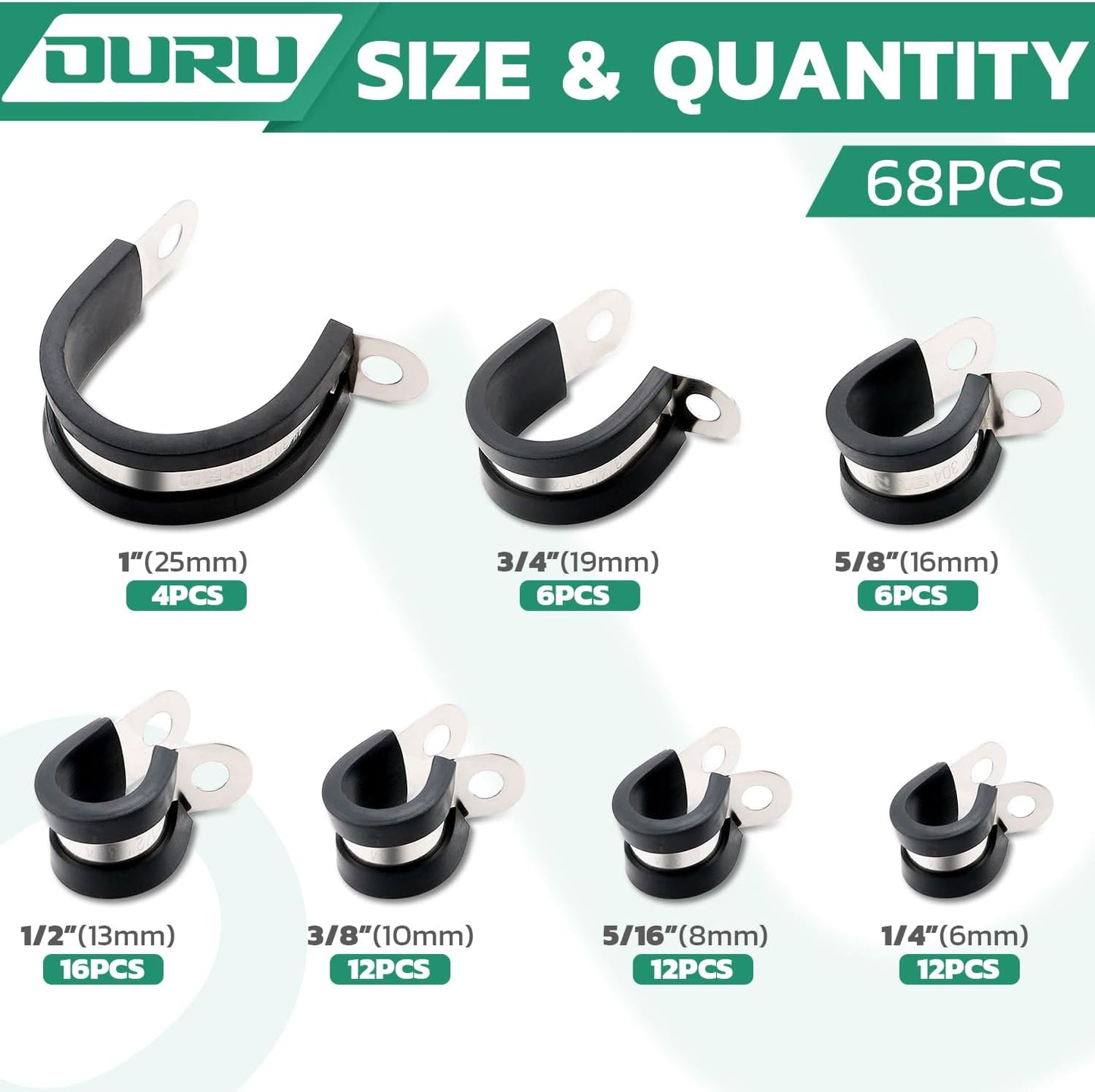 68PCS Cable Clamps Assortment Kit,7 Sizes Stainless Steel Rubber Coated Cushioned Insulated Cable Clamps-Metal Wire Clamps,Pipe Clamps for Tube,Lines