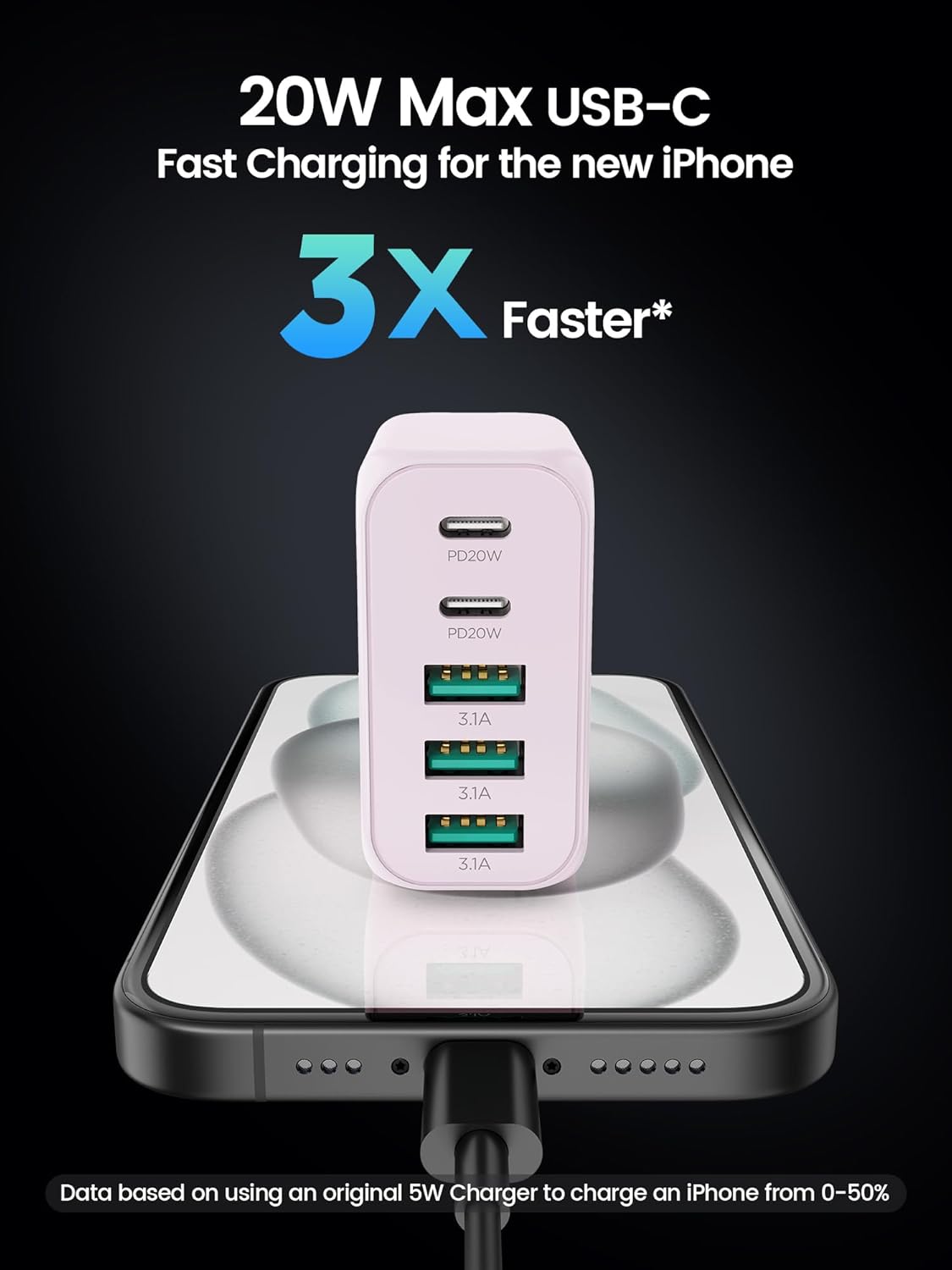 2-Pack Type C Fast Charging, 50W 5-Port USB Wall Charger Cube for iPhone 16 15 14 13 12 11 Pro Max XS, iPad, Samsung & More - Pink