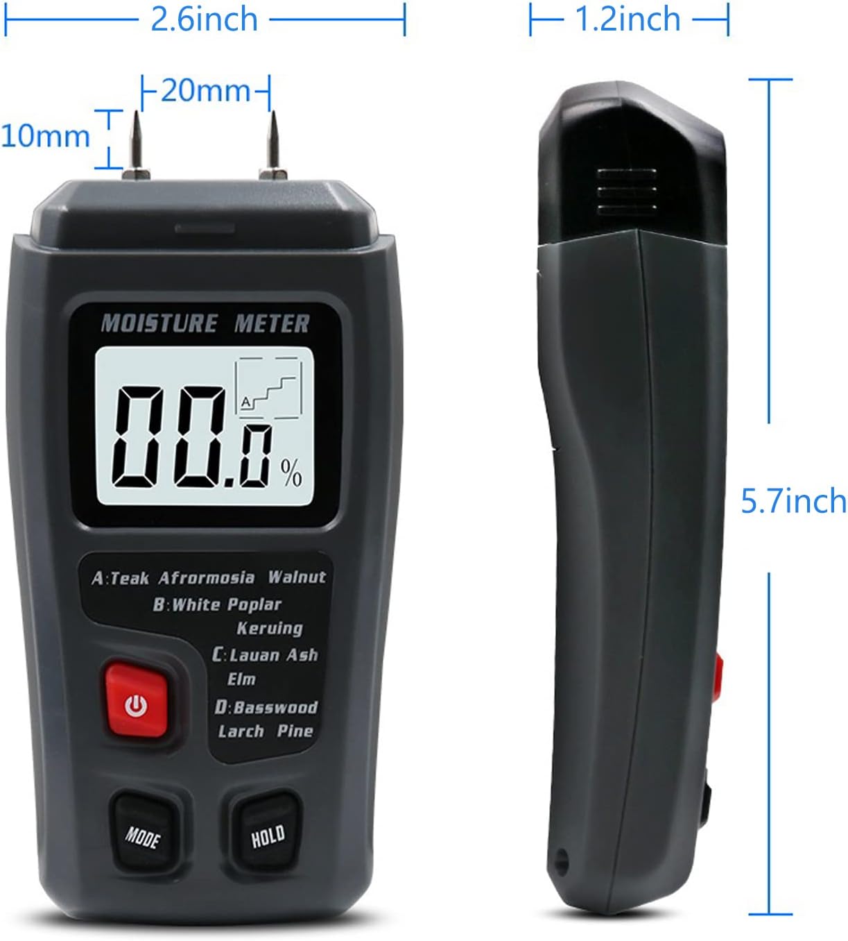 Digital Wood Moisture Meter Wood Humidity Tester Hygrometer Timber Damp Detector Large LCD Display (Grey)