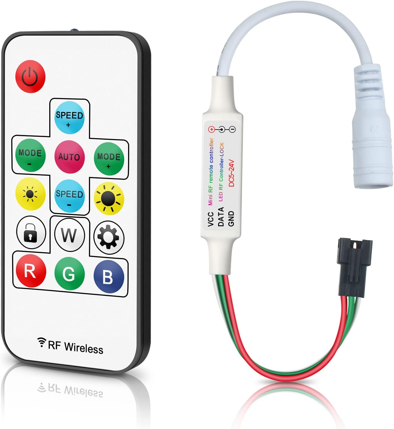 RGBZONE RF 3-PIN LED Controller, RF Wireless Remote Control, DC 5V/12V/24V Mini LED Controller for WS2812 WS2811LED Strip Light (14 Key)
