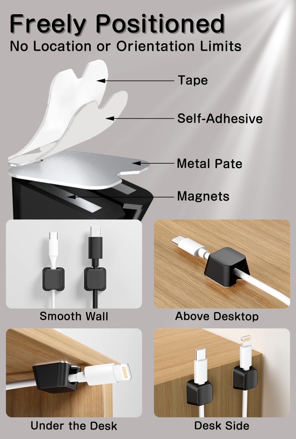 Viaky 8 Pack Magnetic Cable Clips, Large Size Under Desk Cable Management, Workspace Charger Organizer,Cord Holder with Adhesive Metal Disc, Office Desk Accessories for Nightstand Car Wall (Black)