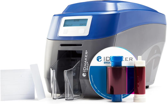 ID Maker Edge 2 Sided Card Printer & Supply Kit for Badge Printing - Print Professional Quality Identification Cards, Easy Software - Magnetic Stripe Encoder, 200-Print Color, 100 PVC Cards
