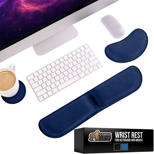 GORILLA GRIP Silky Gel Memory Foam Keyboard Wrist Rest for Computer and Mouse Pad, Ergonomic Design Typing Support, Desk Office Supplies, Hand & Arm Mousepad Cushion and Coaster 3 Piece Set Navy Blue