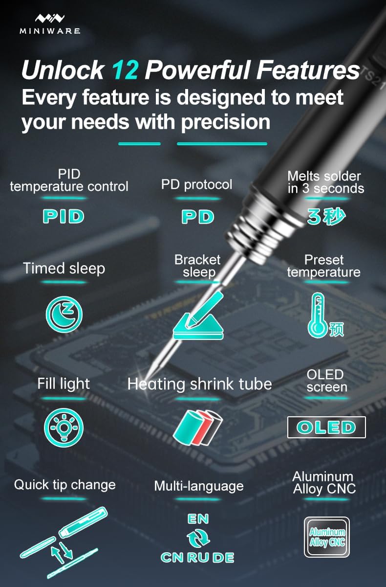 TOOLSAGE Soldering Iron Kit TS21,Front Lighting,3 Seconds Melts Solder,Fast Heating,DC9-24V Max 100W Soldering-Iron Gun with Adjustable Temp 100-450℃,Compatible with 210 type Iron Tips