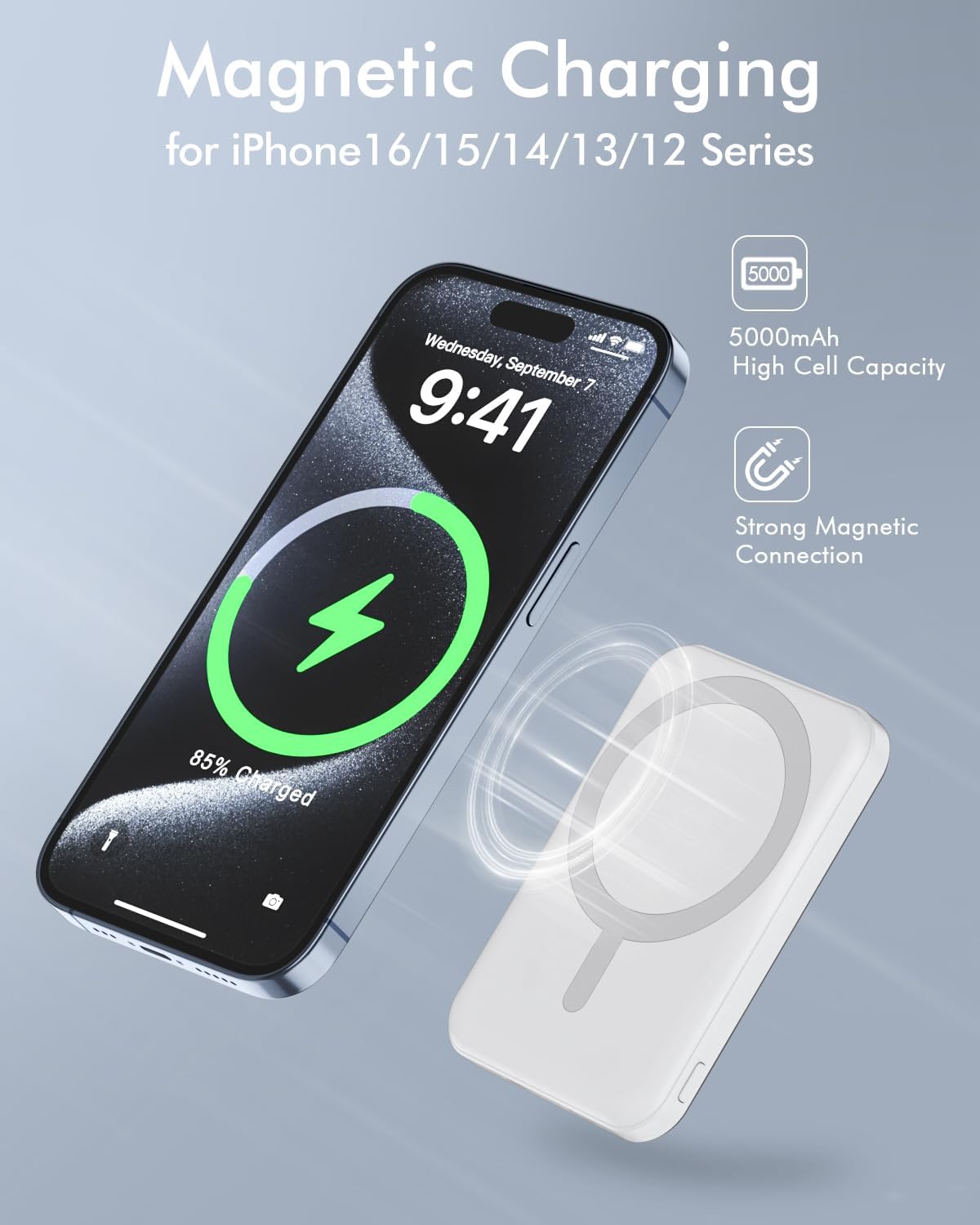 podoru for Magsafe Battery Pack, 5000mAh Magnetic Power Bank with Type-C Cable 20W PD Fast Charging Lighting Input Wireless Portable Charger for iPhone 16/15/14/13/12/ All Series-White