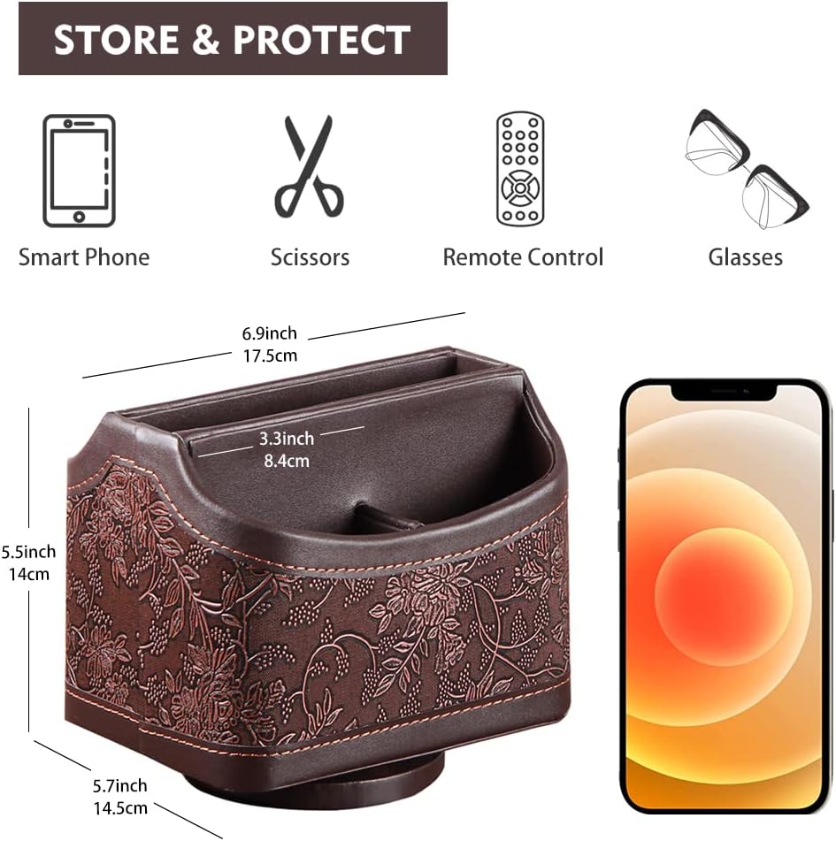 Fanousy 360° Rotating Remote Control Holder, PU Leather TV Remote Caddy Organizer Basket Storage Box with 5 Compartments for Pen, Pencil, Art Supplies, Makeup Brush, Office Desk Table Accessories