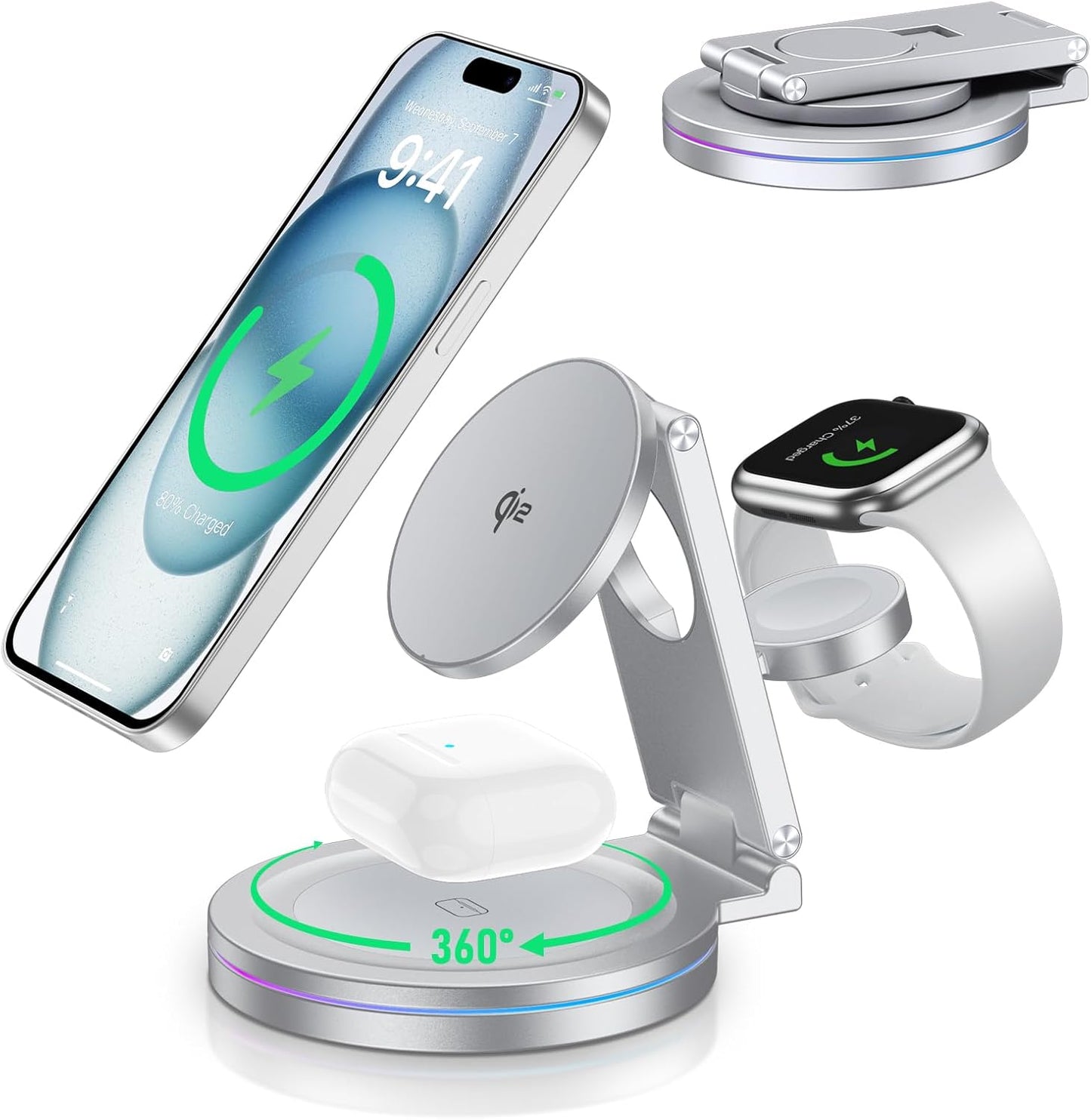 2025 Upgraded Qi2 Foldable 360º Rotatable Zinc Alloy 3 in 1 Magnetic Wireless Charging Station,3-in-1 Qi2 Charger for Apple iPhone 12~16,iWatch,AirPods(30W Adapter & Case Included)(Silver)