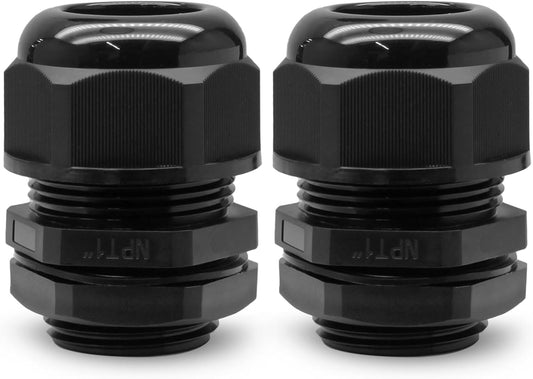 2 Pcs 1" NPT Nylon Cable Glands, Black Strain Relief Cable Cord Connector IP68 Waterproof Junction Box Wire Protectors Adjustable for 18-25mm Cable Diameter