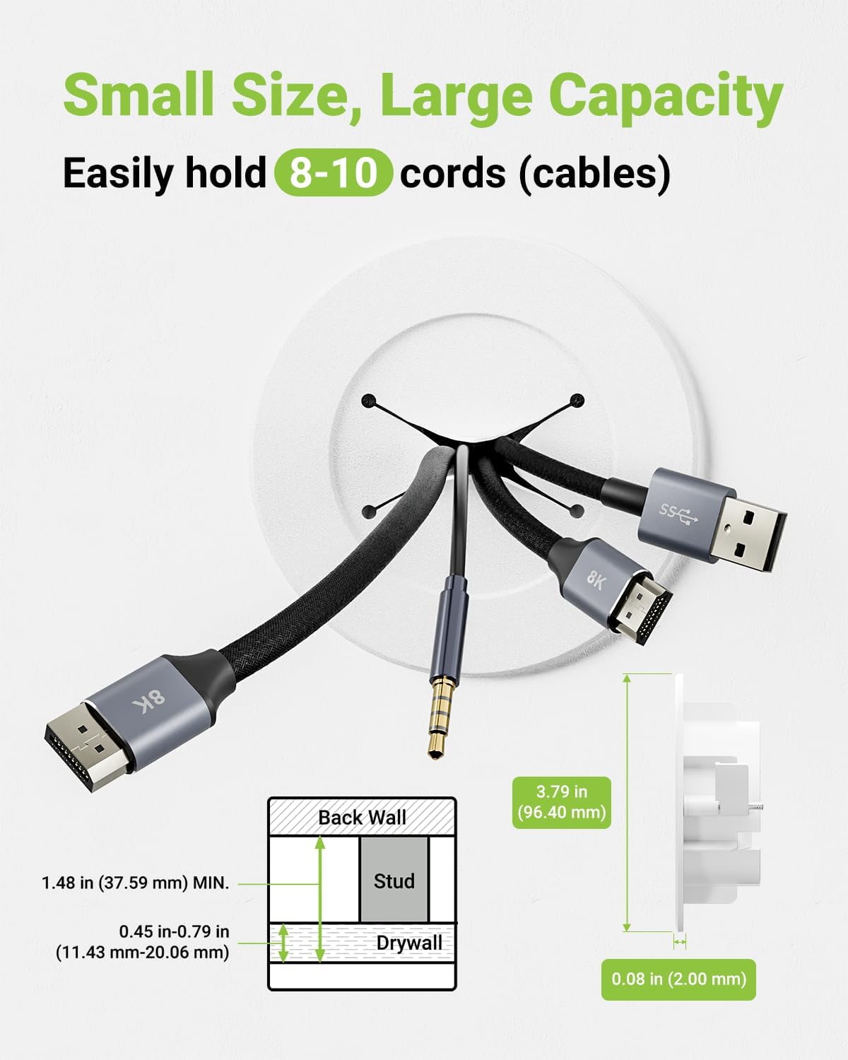 in Wall Cable Management Kit, Slim TV Wire Hider Kit for Wall Mounted TV, 2 Pcs Pass Through with Hole Saw for Network, HDMI, Speaker Cables, Coaxial, White