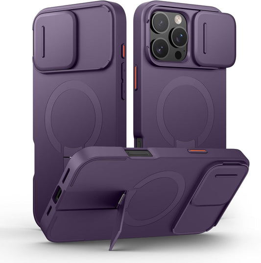 SURITCH for iPhone 16 Pro Max Case with Magnetic Camera Slide Cover and Adjustable Kickstand, Compatible with MagSafe, Shockproof Bumper Case Slim Protective Cover 6.9 Inch, Dark Purple