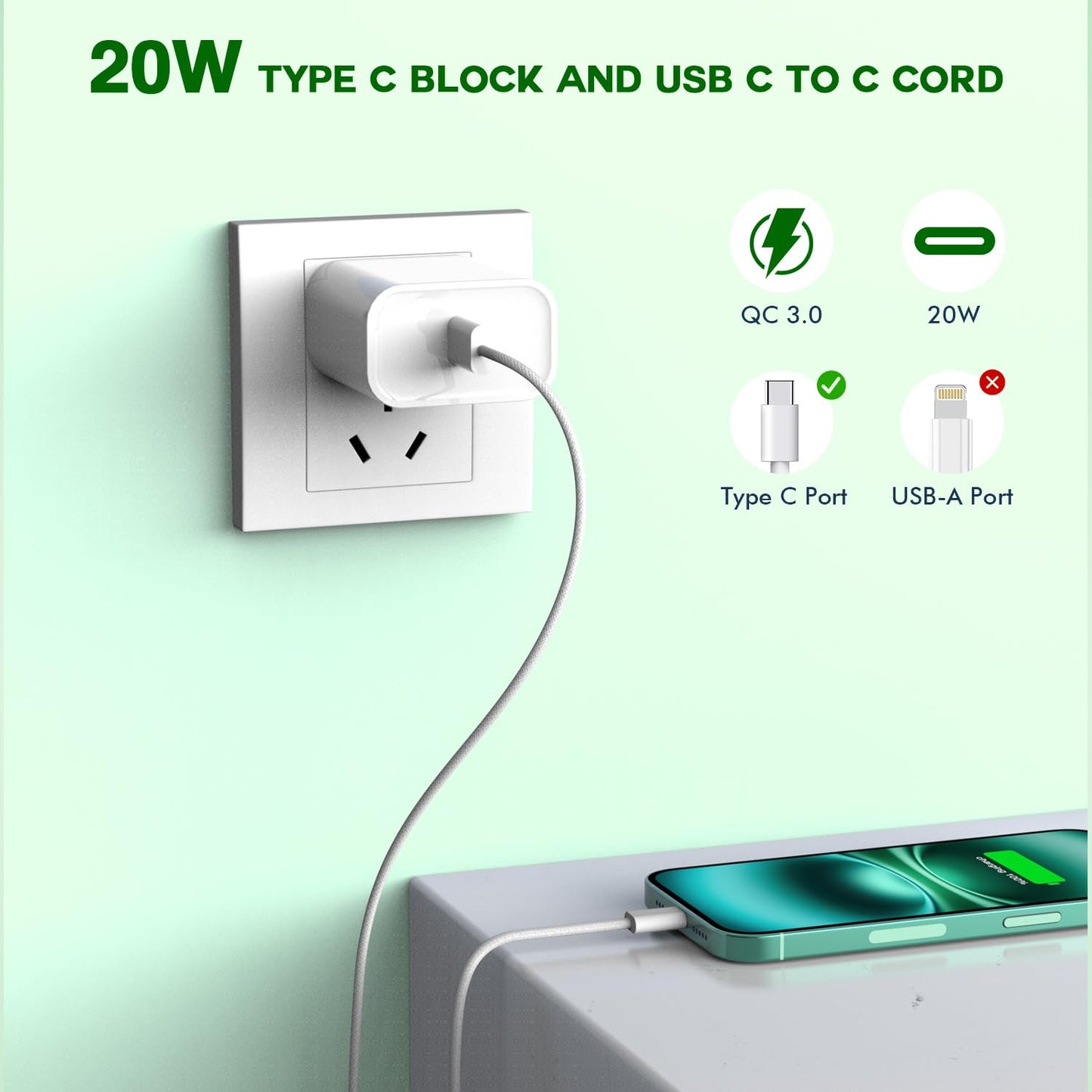 iPhone 16 15 Charger Fast Charging,3Pack 20W USB C Charger Type C Chargers Plug Wall Chargers 10FT USB-C Woven Charge Cable for iPhone 16e/16 Pro Max/16Pro/16 Plus/15 ProMax/iPad Pro/Air/Mini,AirPods