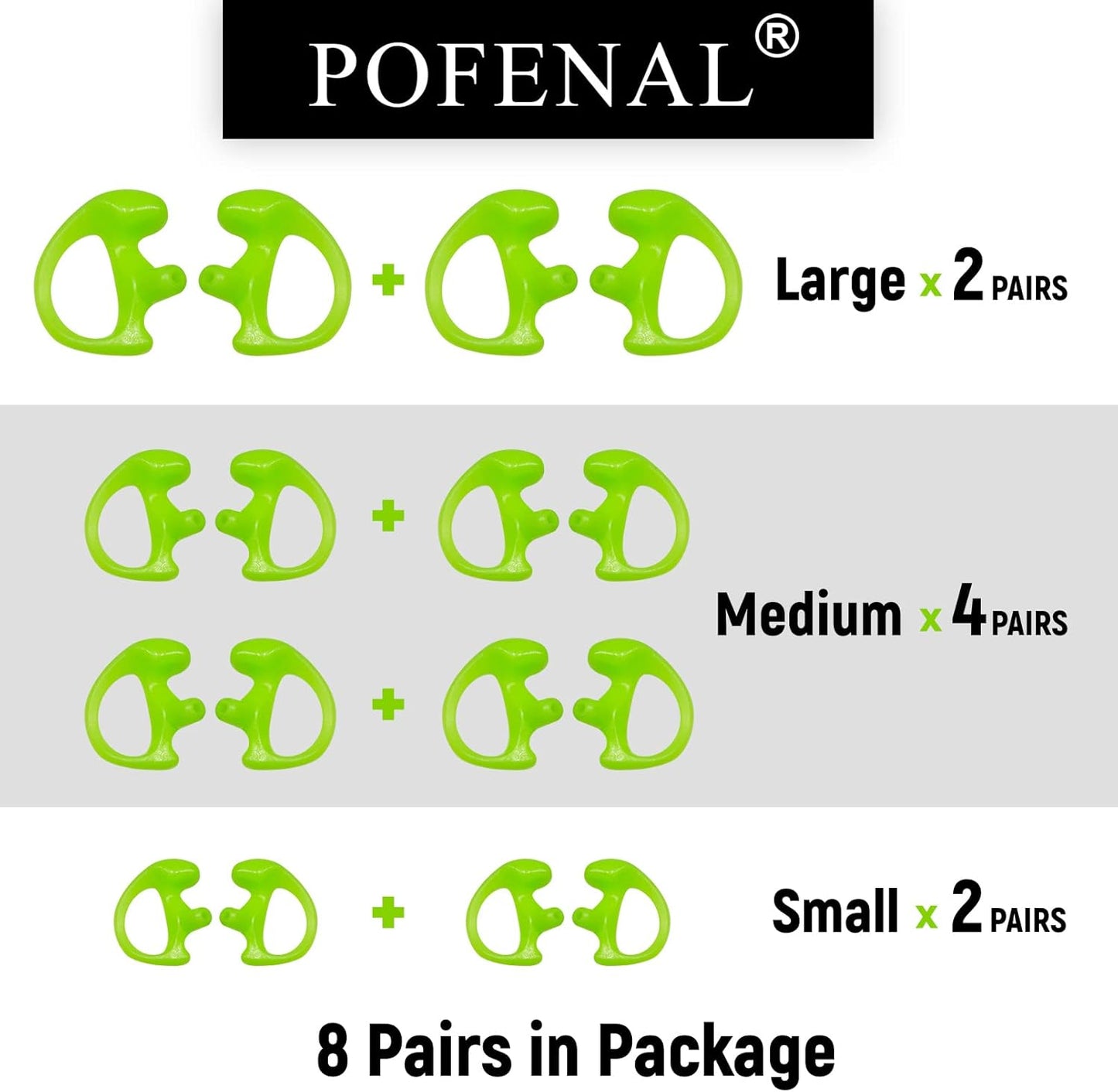 Silicone Replacement Earmold for Motorola/Baofeng/Retavis Radios - Police Walkie Talkie & Law Enforcement Soft Earpiece Inserts (8 Pair, Green - 2L/4M/2S)