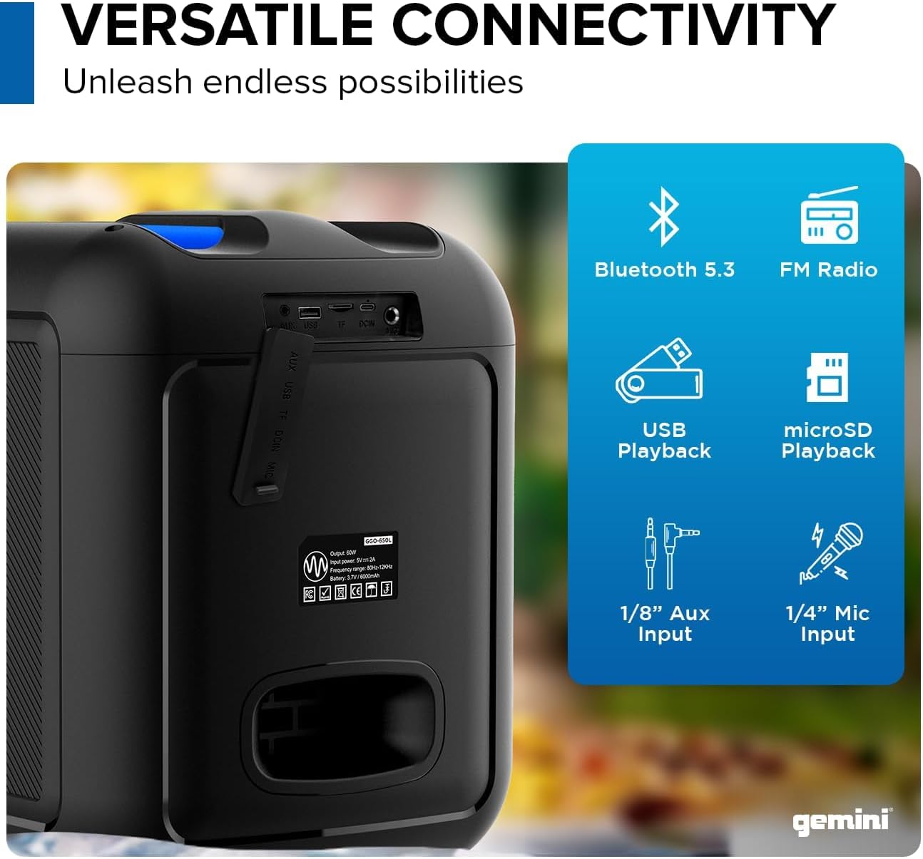 Gemini Box-Style Bluetooth Party Speaker with LED Lights, 6.5” Woofer, Wireless Mic, Deep Bass, TWS Stereo Pairing, USB/SD/FM/Aux, 10-Hour Battery Play Time, 100W Loud Sound for Home & Karaoke