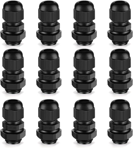 Cable Gland 12 Pack 3/8" NPT Waterproof Adjustable Connector Strain Relief Cord Connectors Joints Nylon with Gaskets…