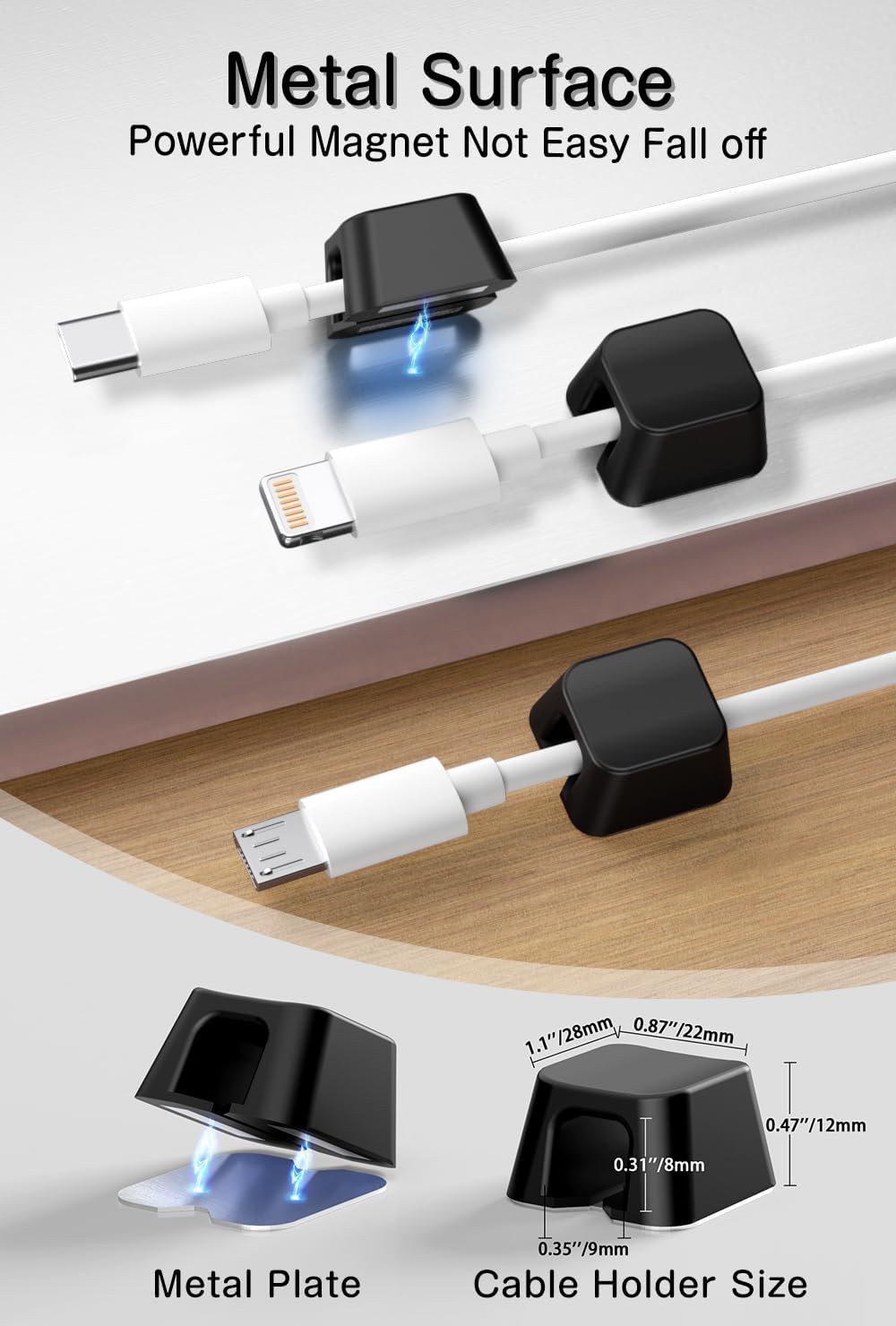 Viaky 8 Pack Magnetic Cable Clips, Large Size Under Desk Cable Management, Workspace Charger Organizer,Cord Holder with Adhesive Metal Disc, Office Desk Accessories for Nightstand Car Wall (Black)