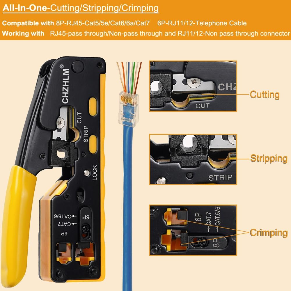 Rj45 Crimp Tool Pass Through Ethernet Crimping Tool kit for 8P-Cat7 Cat6 Cat5 6P Telephone Connector Network Crimp Tool RJ45 Crimper With Cable Tester Covers Connectors Mini Yellow Stripper