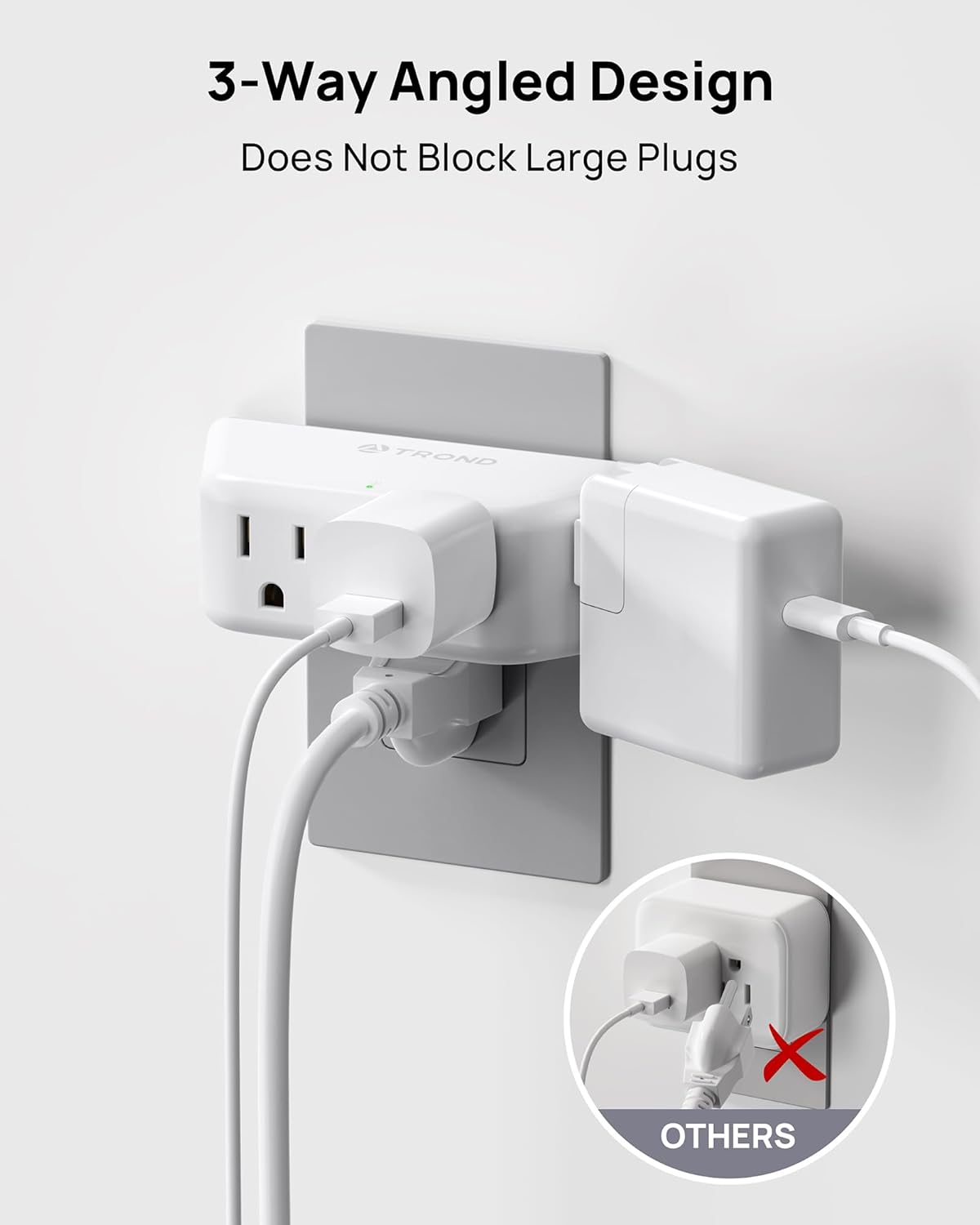 TROND Multi Plug Outlet Extender 2 Pack - Surge Protector Outlet with 4 Grounded Sockets, 3 Way Angled Plug Splitter, 900J, Multiple Wall Adapter for Home Office Travel Dorm Room, White