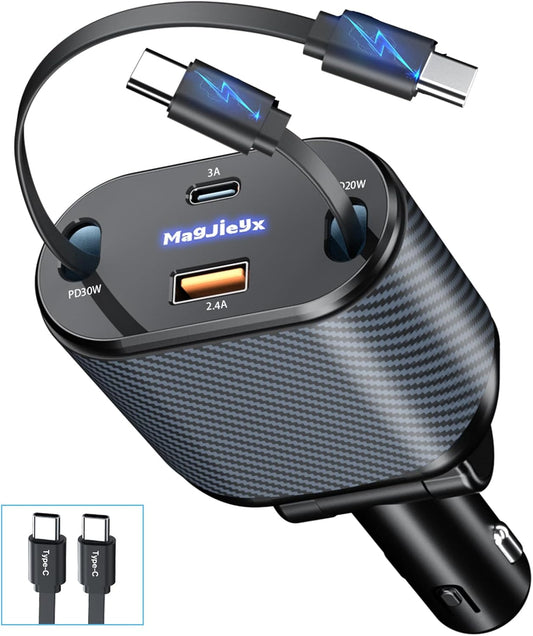 Retractable Car Charger for 4 in 1 Fast Charging Max 80W【ONLY 2 Type-C Charging Cable】 for iPhone16 15/Galaxy,USB-A/C Port for iPhone16/15/14/13/Pro Max Plus,iPad,AirPods,PD 3.0 Cord