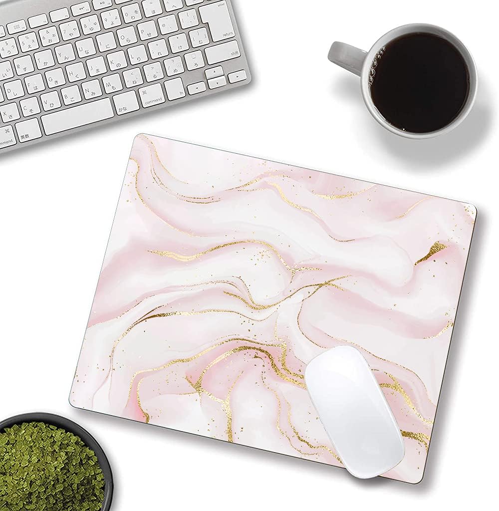 Mouse Pad, Pink Marble with Gold Glitter Wave Mouse Pad Rectangle Custom Designs, Waterproof Anti-Slip Rubber Mousepad Office Accessories Desk Decor Wireless Mouse Pads for Computers Laptop