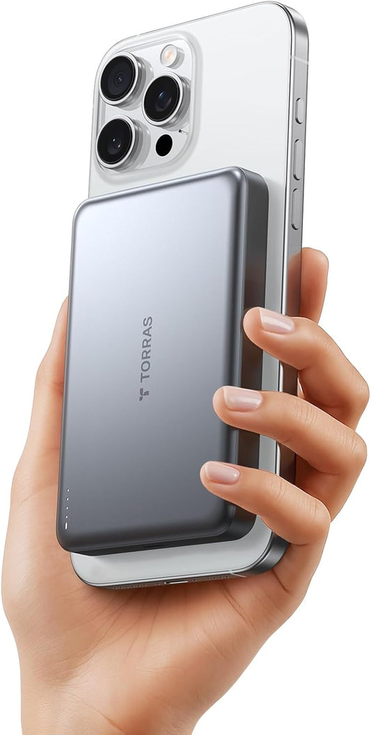TORRAS MiniMag Qi2 Power Bank, 10,000mAh Magnetic Battery Pack, Qi2 Certified 30W with USB-C Cable, 15W Ultra-Fast MagSafe-Compatible Portable Charger, for iPhone 16 Pro Max/16 Pro/16/15, Glacier Gray